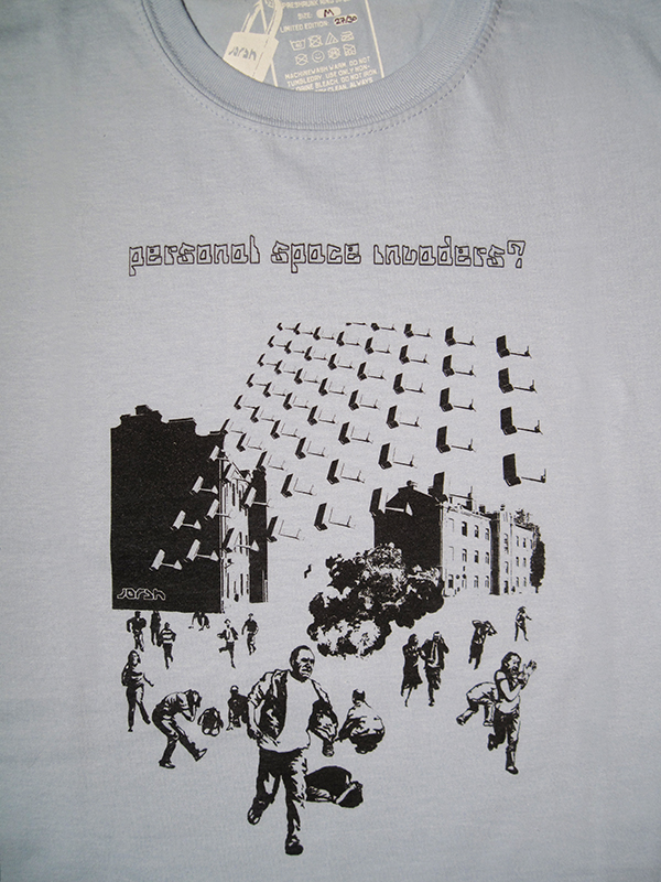 t-shirt with CCTV cameras coming out the sky in space invaders formation. Explosion, people running scared